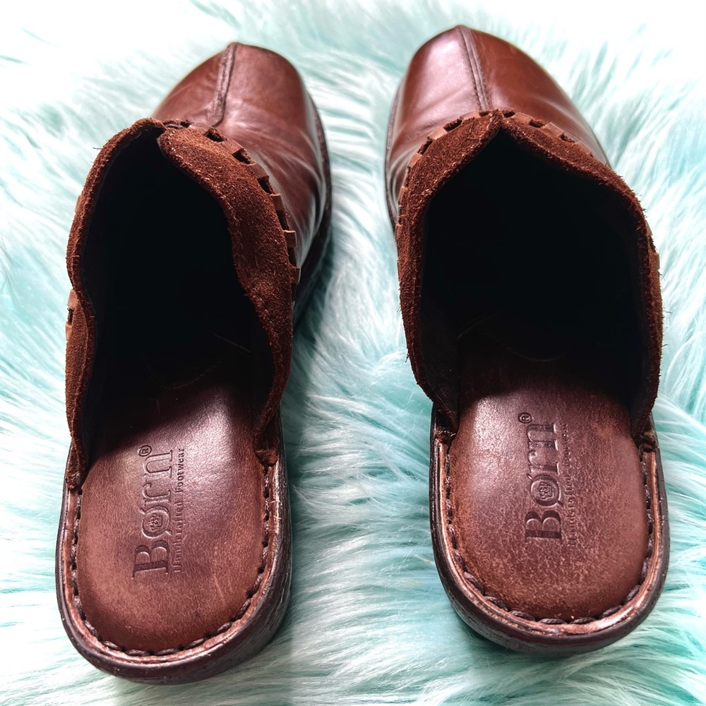Born Brown LEATHER Clogs Womens Slip On Artisan Comfort Mules - Picture 3 of 16